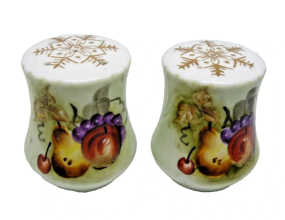 Lefton Hand Painted Green Fruit Porcelain Salt & Pepper Set Mid-Century Vintage